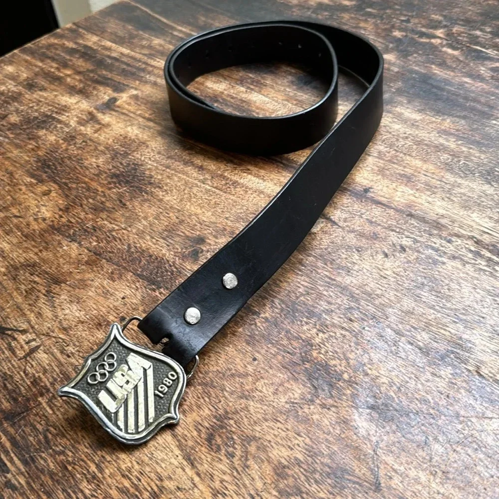 Vintage Solid Brass Belt Buckel 1980 Olympic with Snap-on Leather Belt sz 44